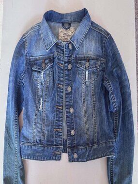 YMI Jeans Distressed Denim Jacket - Floral Trim - Women's Size S